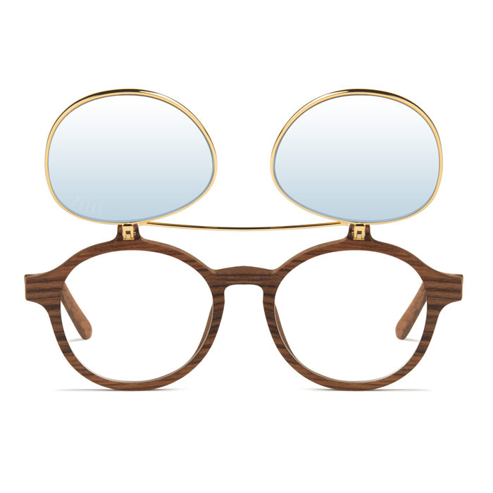 9Five Lane Wood 24K Gold Flip Up Blue Sunglasses