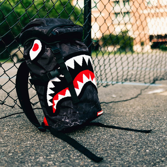 Sprayground Chenille Black Marble Shark Top Loader