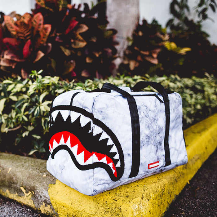 Sprayground Chenille White Marble Shark Duffel