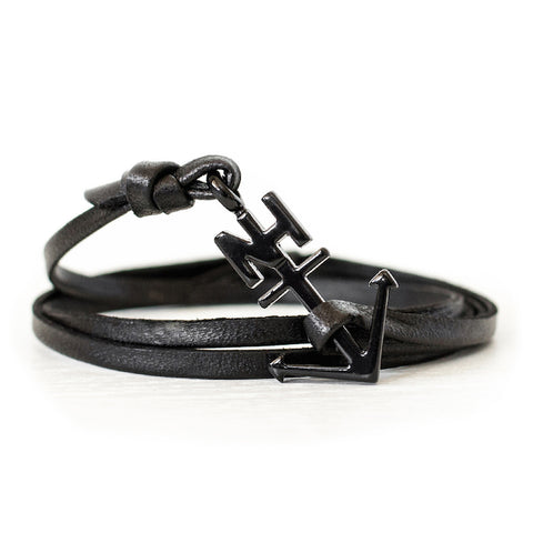 Nautical Black Anchor Black Leather Bracelet